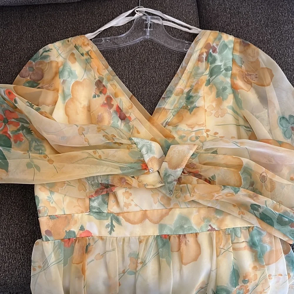 Vintage 70s Chiffon Yellow Floral Floor Length Dress Sz 14 By Union Made - Picture 5 of 16